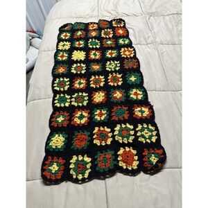 Vintage Handmade Crochet Granny Square Runner 38"x19" Rasta Colors
